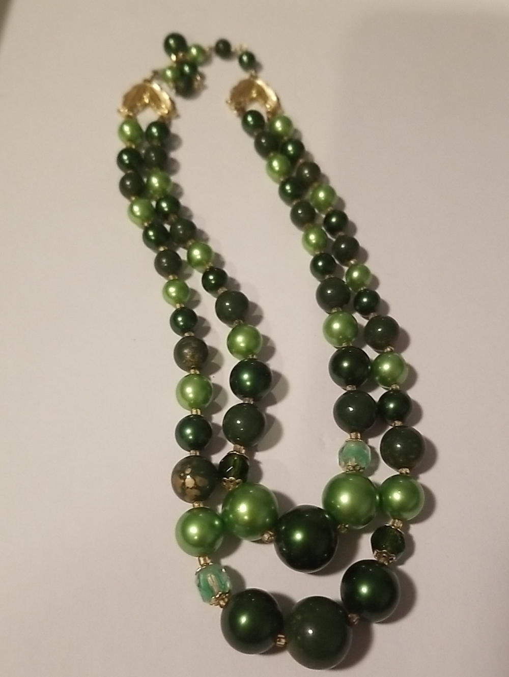 Vintage Multi Green Beaded Necklace with Gold Pendant Clasp- Women Jewelry